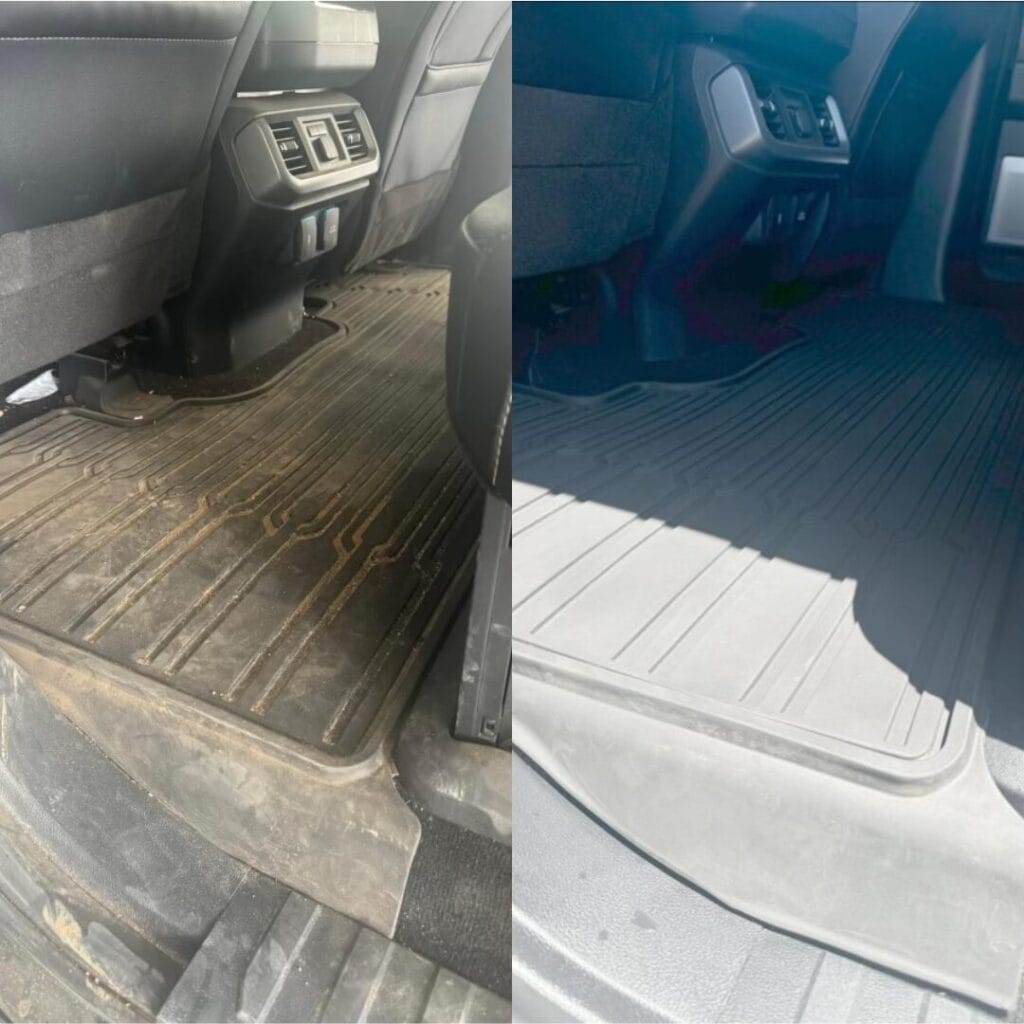 Comparación de una alfombrilla de coche sucia y limpia.